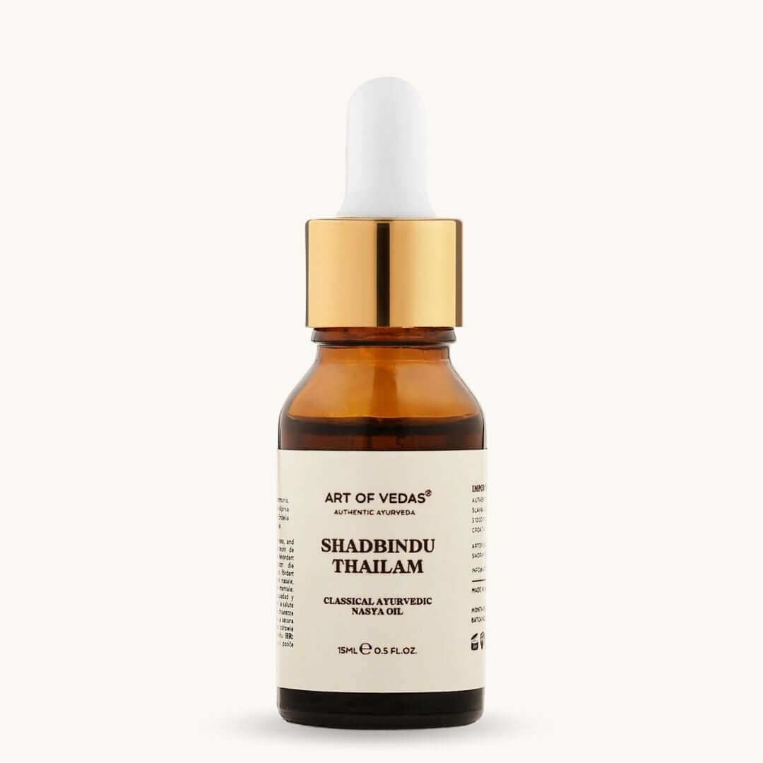 Art of Vedas Shadbindu Thailam 15ML classical Ayurvedic Nasya oil in amber glass dropper bottle with gold cap, used for nasal therapy and sinus care