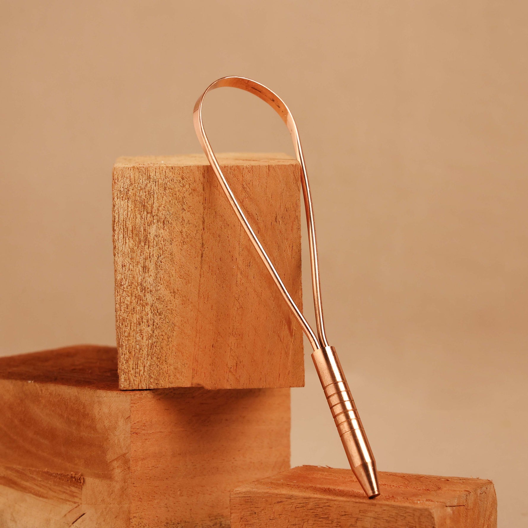 Art of Vedas Ayurvedic Copper Tongue Scraper on wooden blocks - pure copper oral hygiene tool for Ayurvedic daily cleansing routine
