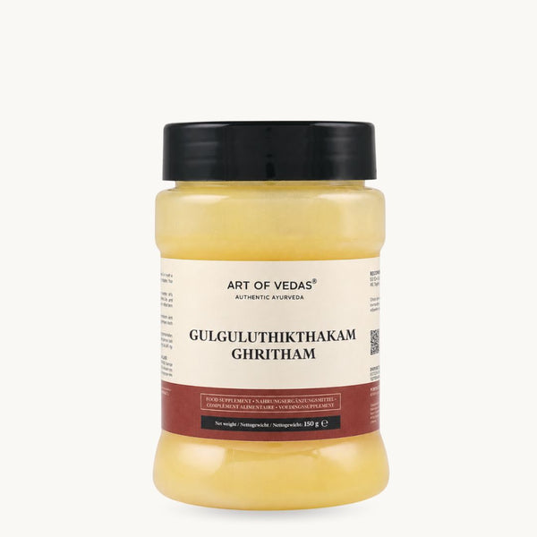 Art of Vedas Gulgulu Thikthakam Ghritham, klassiskt ayurvediskt ghee: Guggulu, gurkmeja, ingefära. Burk om 150 g