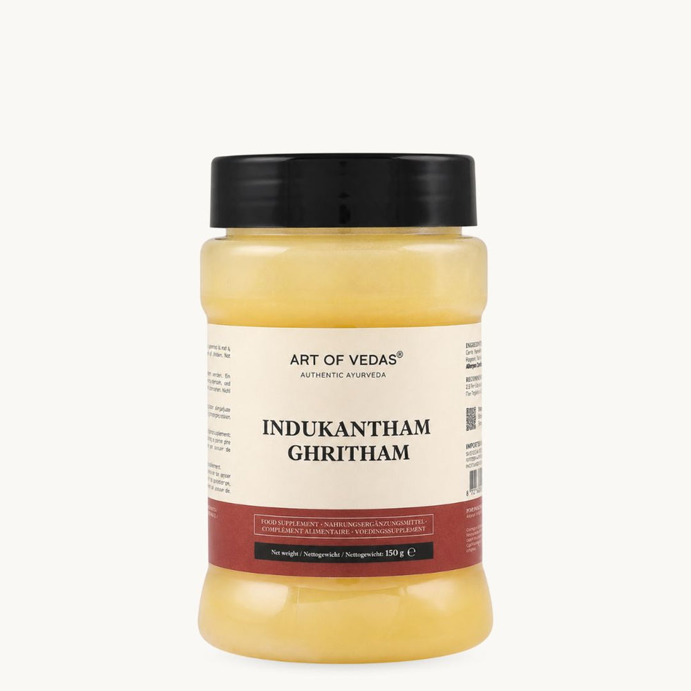 Art of Vedas Indukantham Ghritham, klassiskt ayurvediskt ghee: ingefära, lång peppar, stensalt. Burk om 150 g