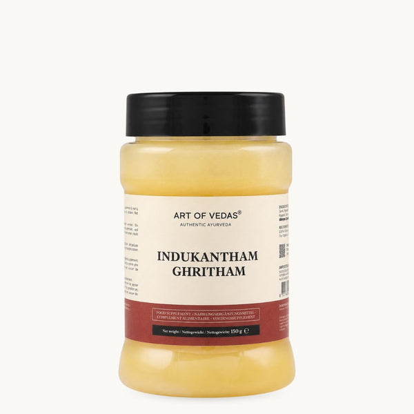 Art of Vedas Indukantham Ghritham, klassiskt ayurvediskt ghee: ingefära, lång peppar, stensalt. Burk om 150 g